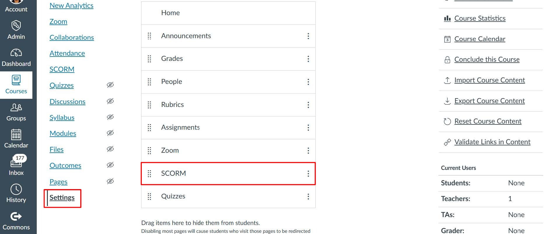 screenshot of the course Settings screen in Canvas with the Settings link and SCORM navigation item highlighted by red boxes
