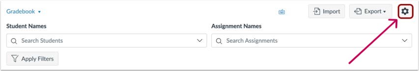 screenshot of the Canvas Gradebook with an arrow pointing out the settings icon in the top right corner