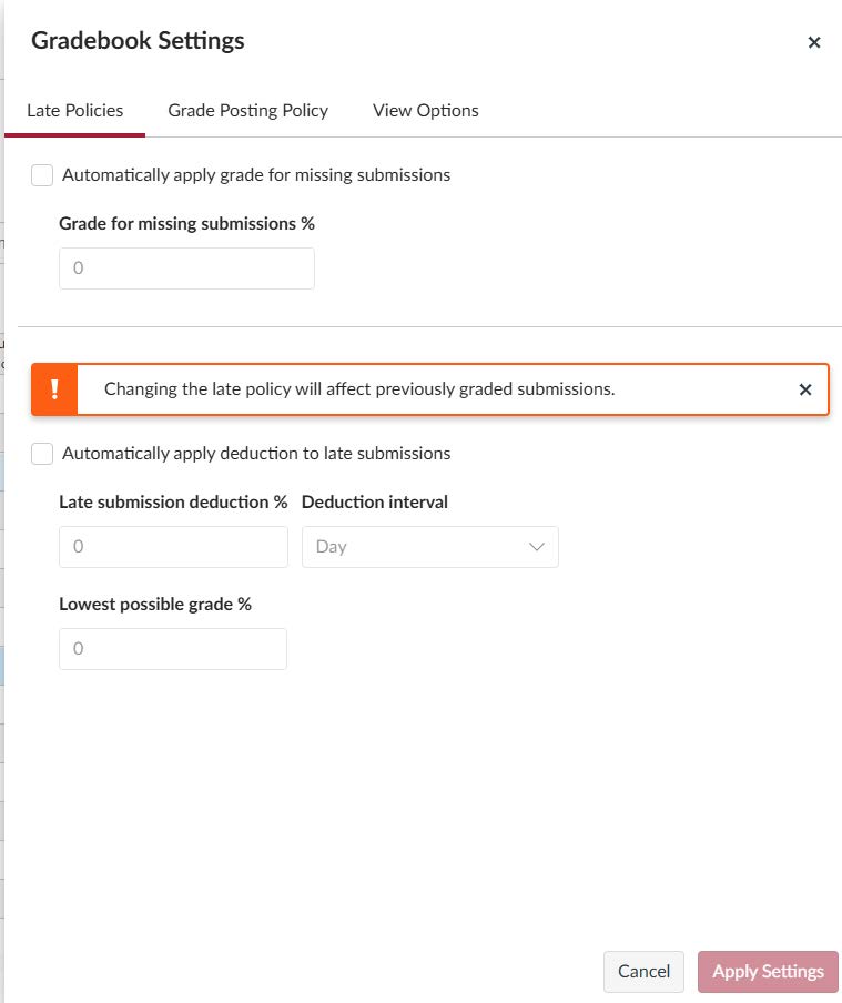 screenshot of the Gradebook Settings dialog in Canvas