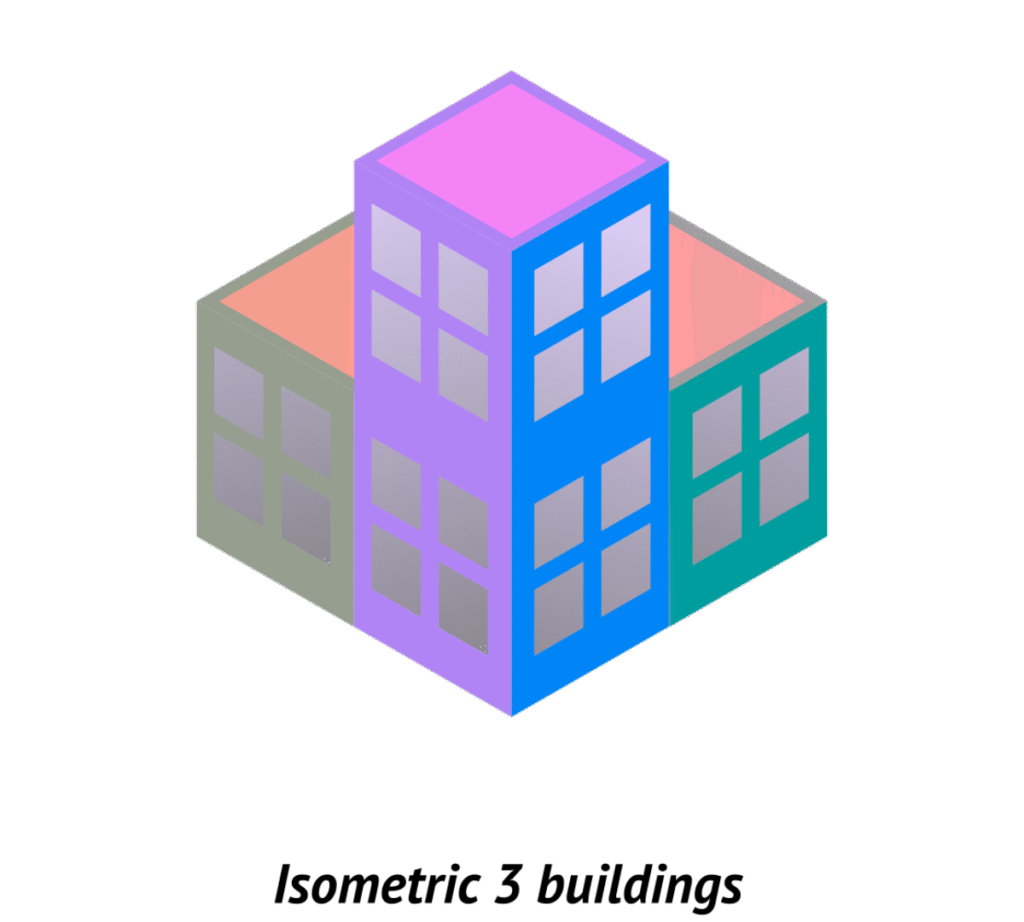 Isometric illustration of 3 connected buildings