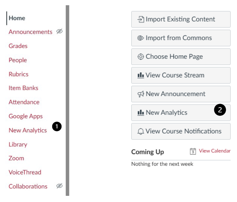 a screenshot of the Course Navigation menu with the 'New Analytics' navigation item notated with a '1' and a screenshot of the 'New Analytics' button on the Course home page notated with a 2